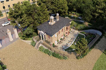Aerial view of Nunhead Cemetery East Lodge and surrounding area
